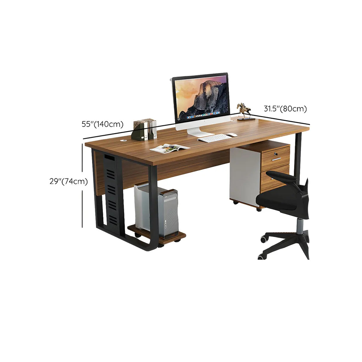 Brown Wood Drawers Storage Steel Sled Computer Desk Image - 9