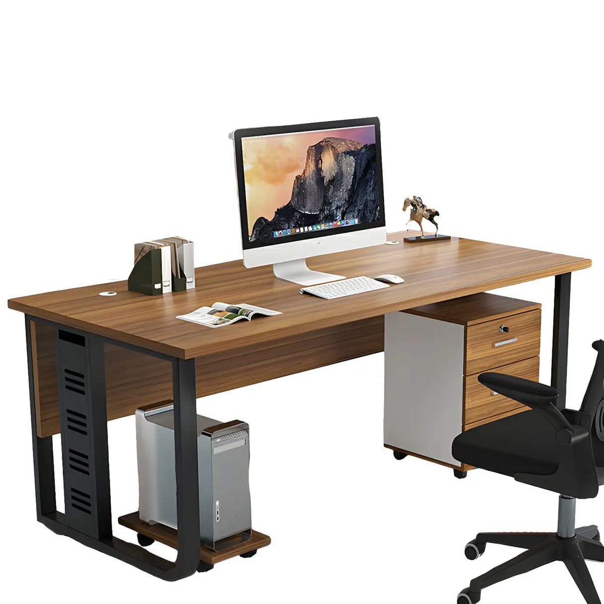 Brown Wood Drawers Storage Steel Sled Computer Desk Image - 5