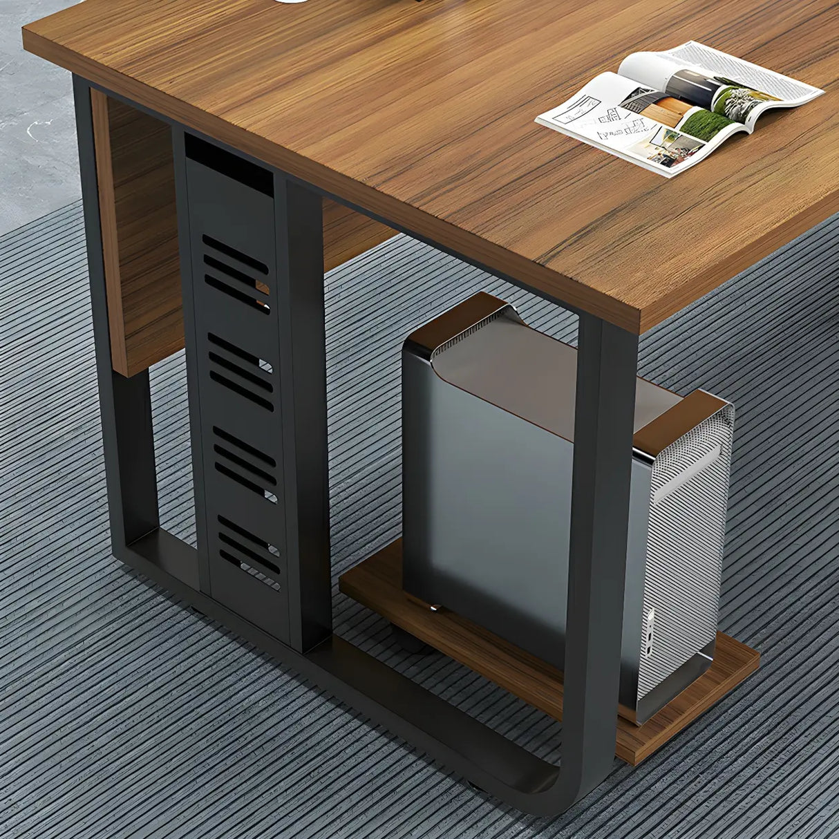 Brown Wood Drawers Storage Steel Sled Computer Desk Image - 6
