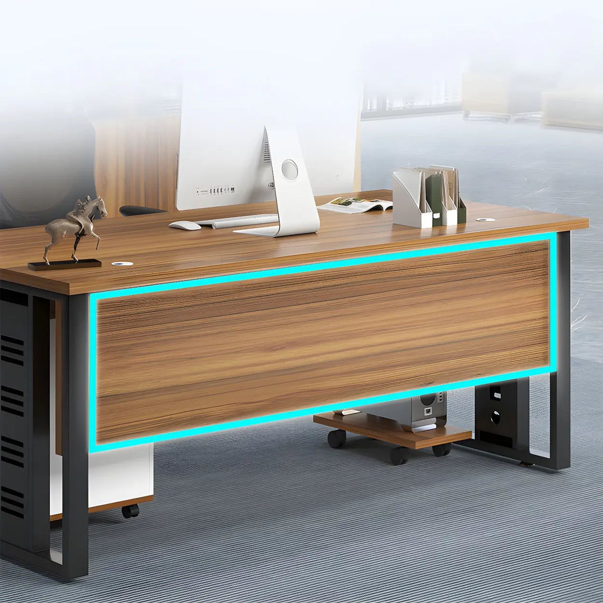 Brown Wood Drawers Storage Steel Sled Computer Desk Image - 7