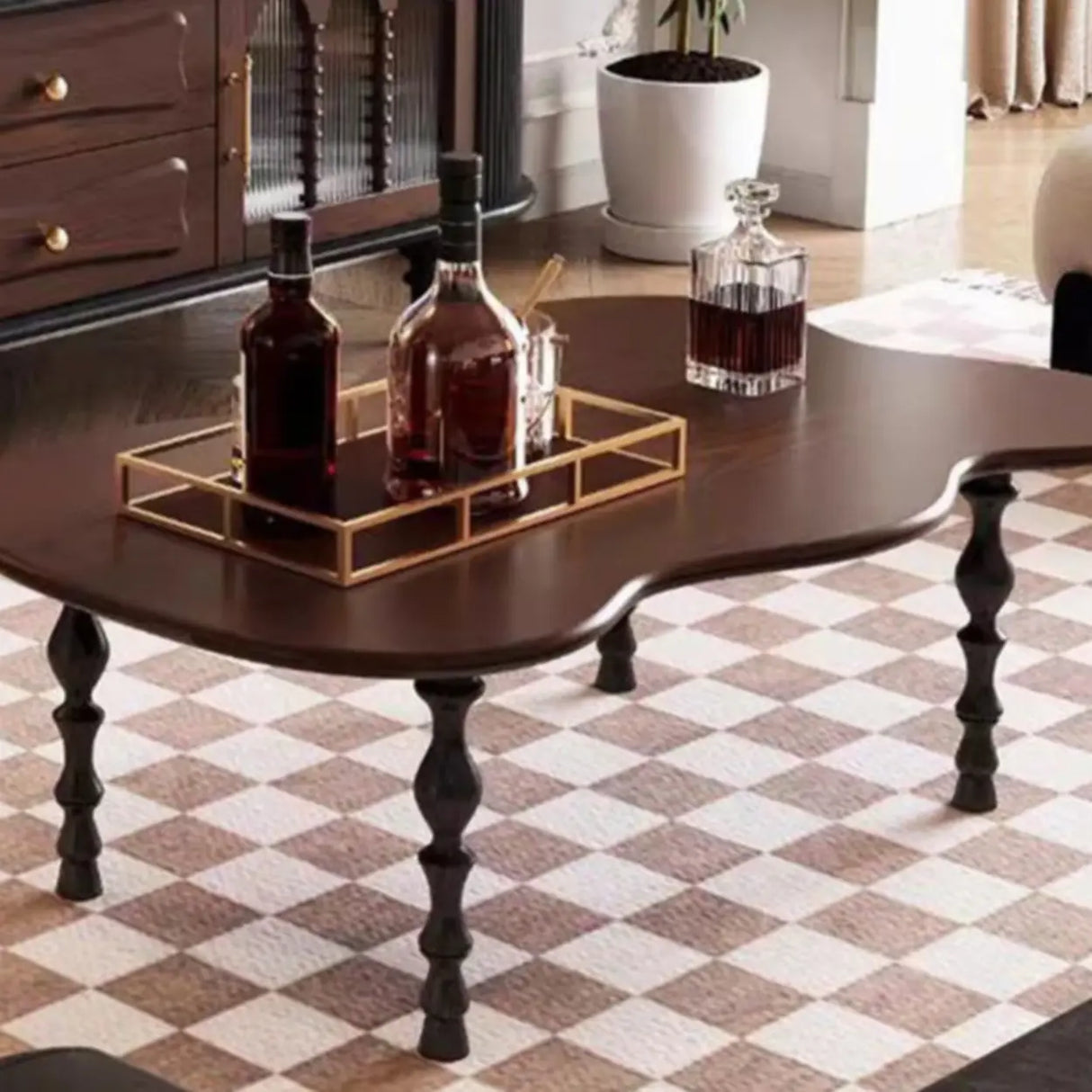 Brown Wood Free Form Coffee Table with Four Legs Image - 10