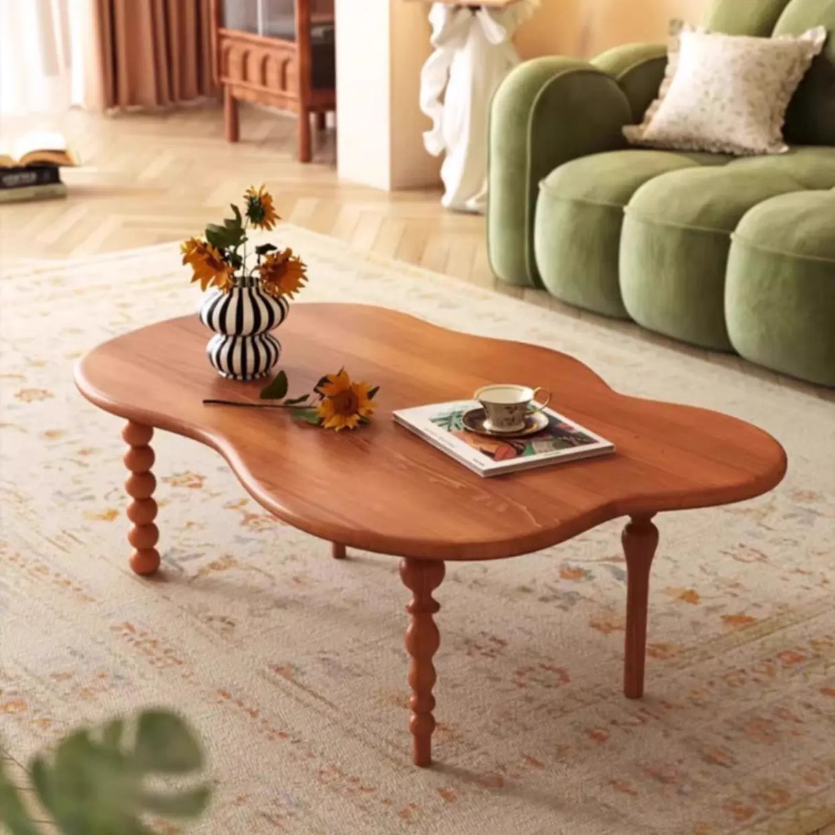 Brown Wood Free Form Coffee Table with Four Legs Image - 4