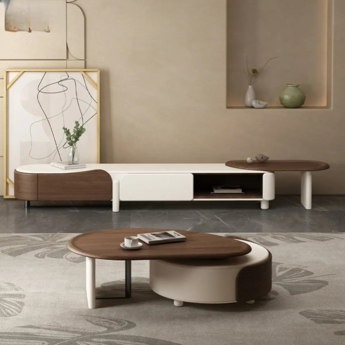 Brown Wood Free Form Tray Top Storage Coffee Table Image - 4