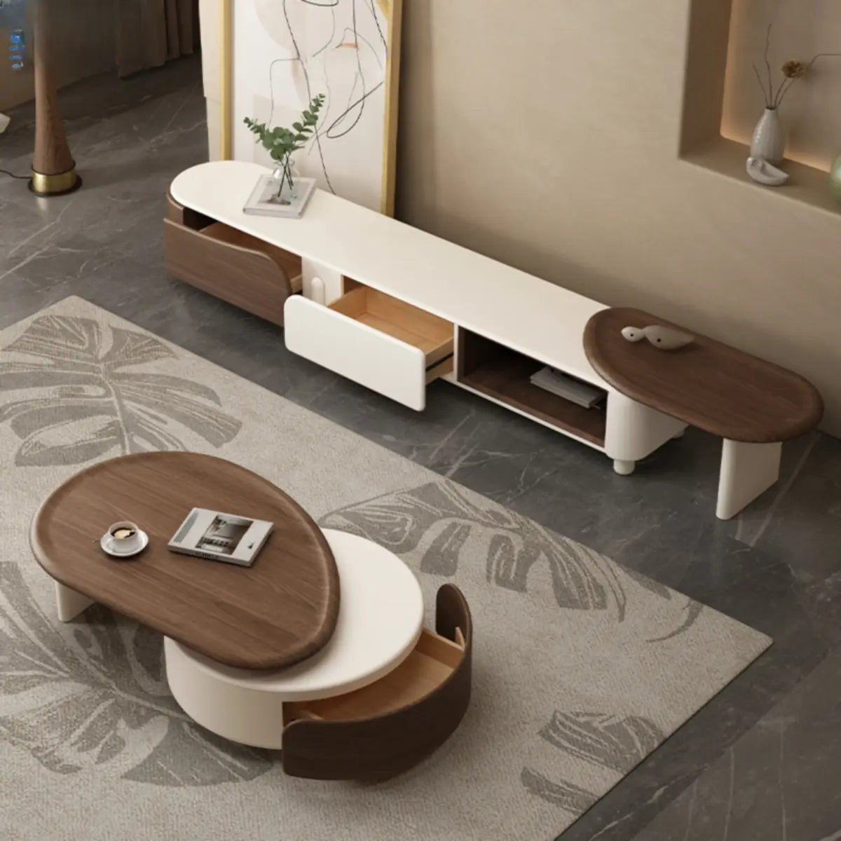 Brown Wood Free Form Tray Top Storage Coffee Table Image - 5