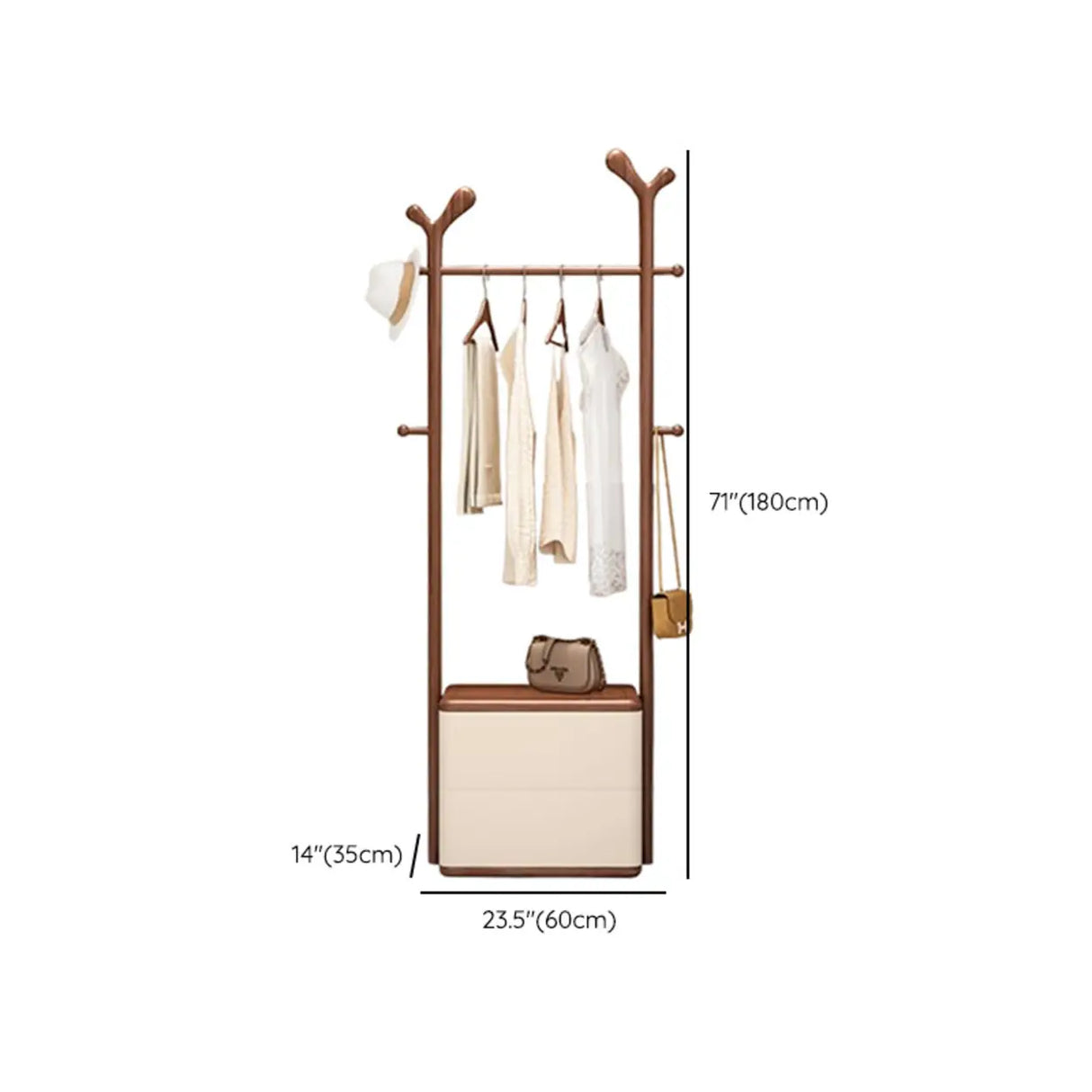 Brown Wood Freestanding Open Storage Hooks Coat Rack