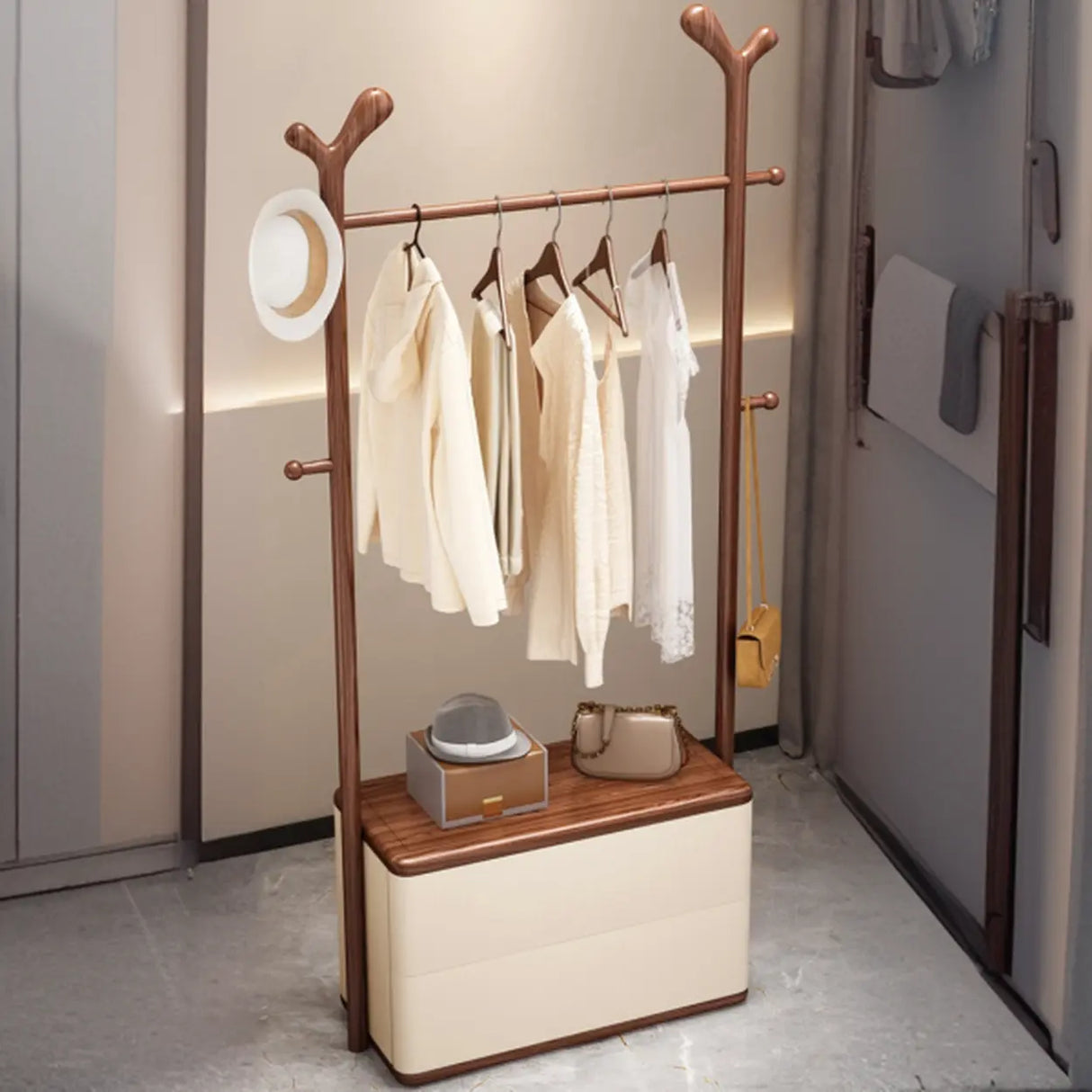 Brown Wood Freestanding Open Storage Hooks Coat Rack Image - 6