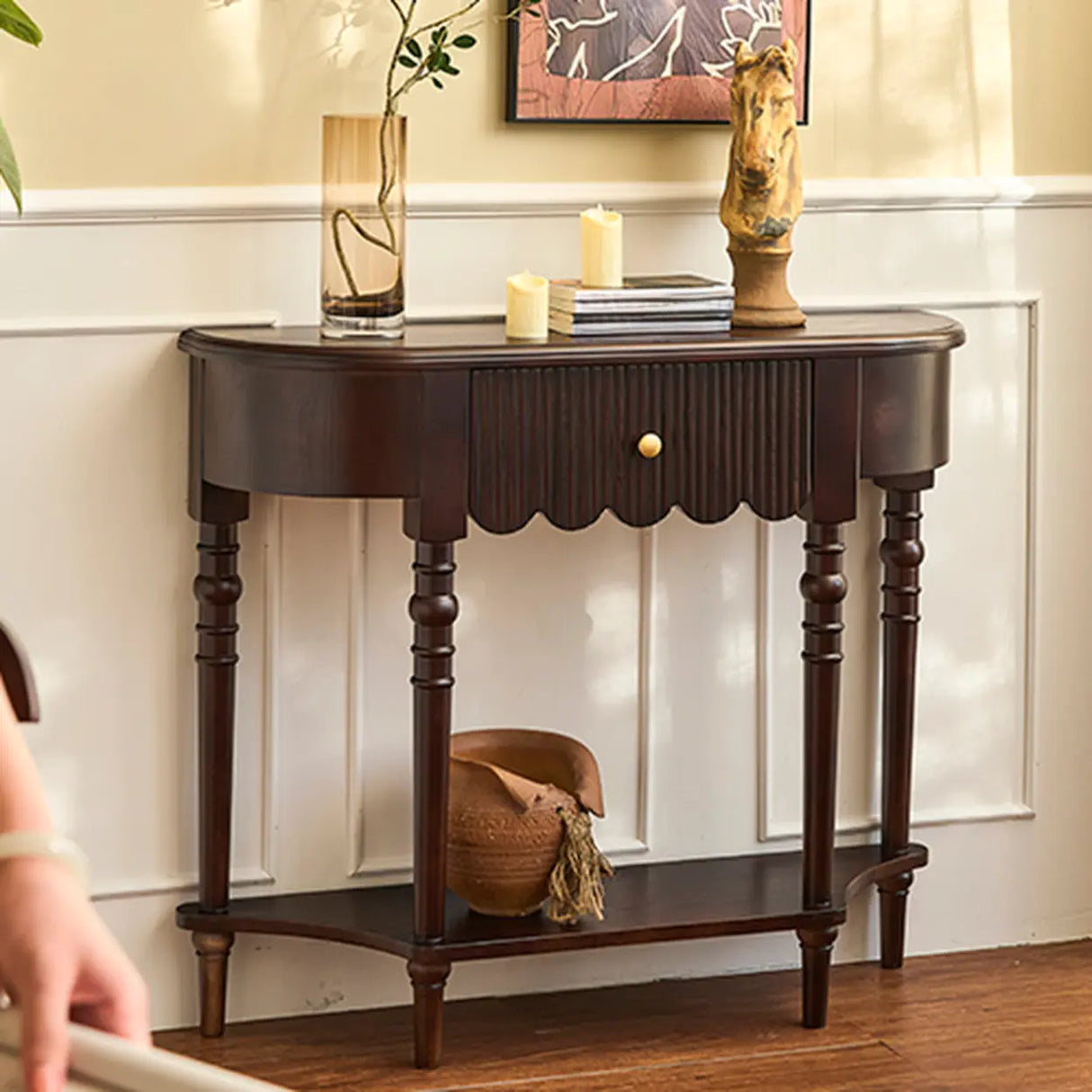 Brown Wood Half-circle Floor Shelf Console Table with Drawer Image - 1