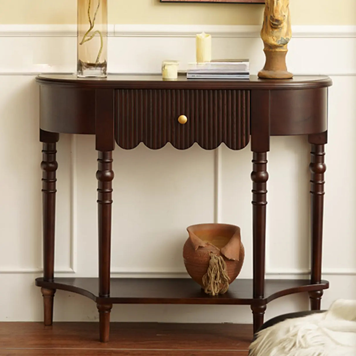 Brown Wood Half-circle Floor Shelf Console Table with Drawer Image - 2