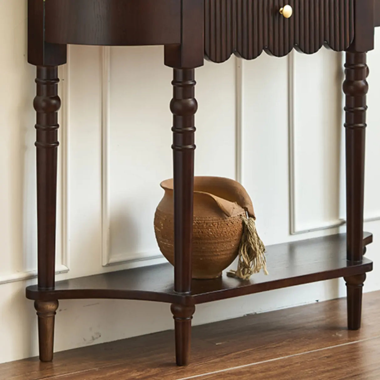 Brown Wood Half-circle Floor Shelf Console Table with Drawer Image - 3