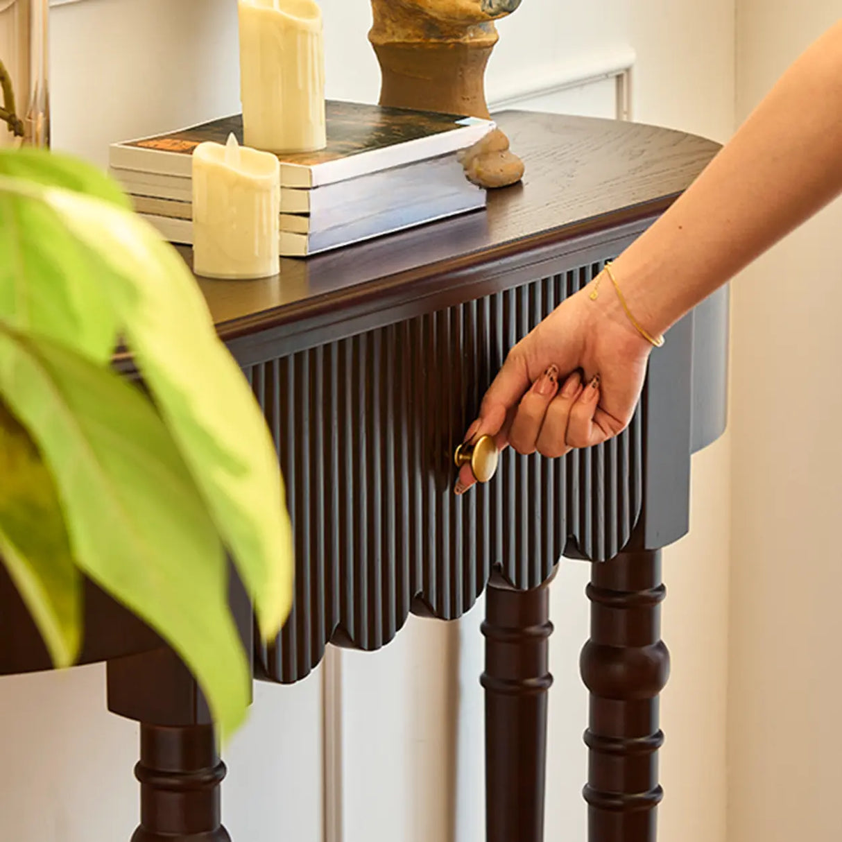 Brown Wood Half-circle Floor Shelf Console Table with Drawer Image - 4