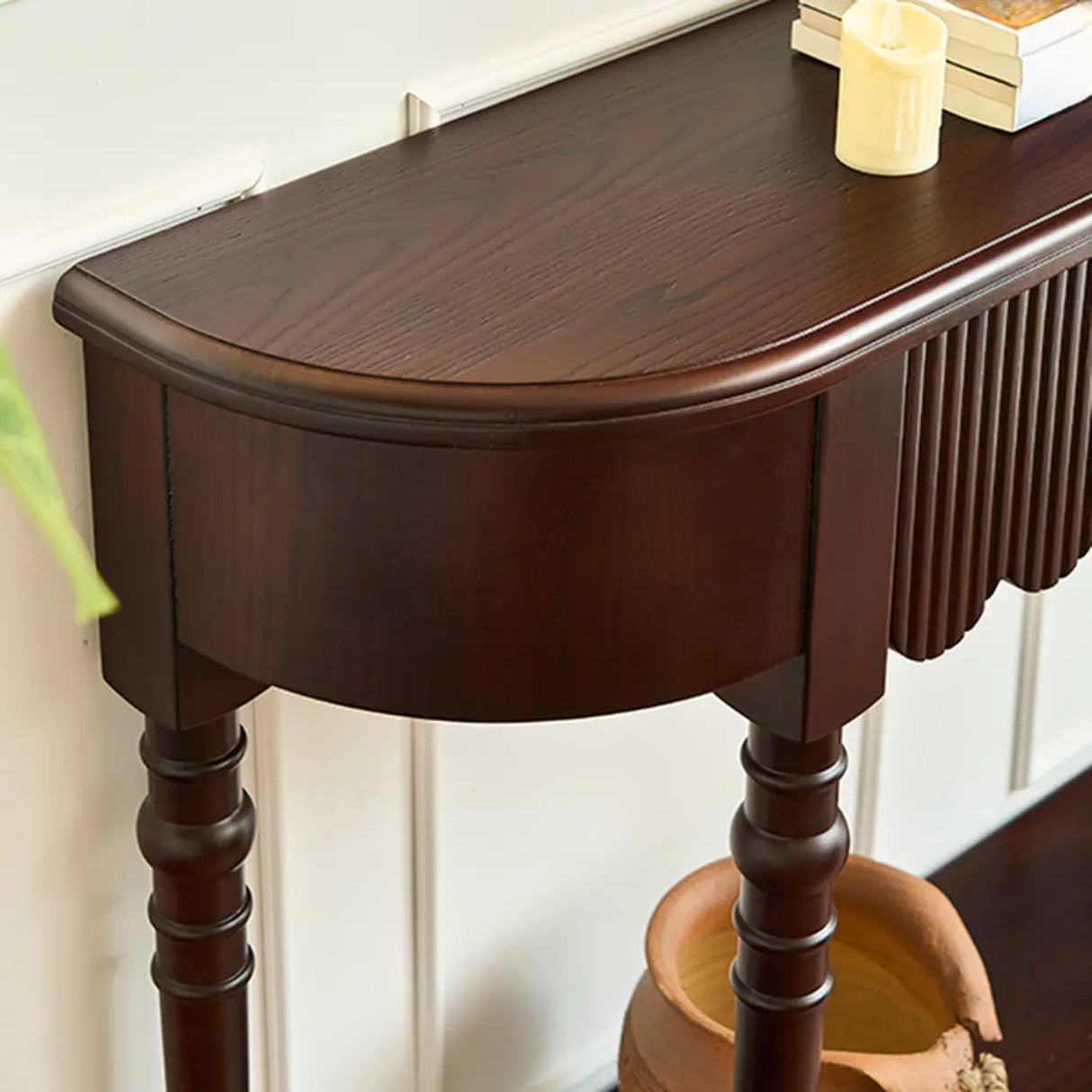 Brown Wood Half-circle Floor Shelf Console Table with Drawer Image - 6