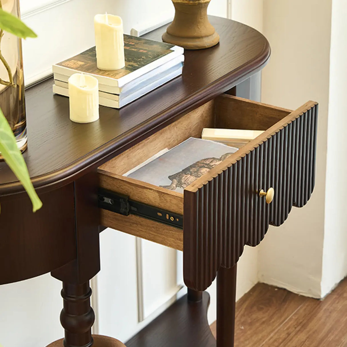 Brown Wood Half-circle Floor Shelf Console Table with Drawer Image - 8