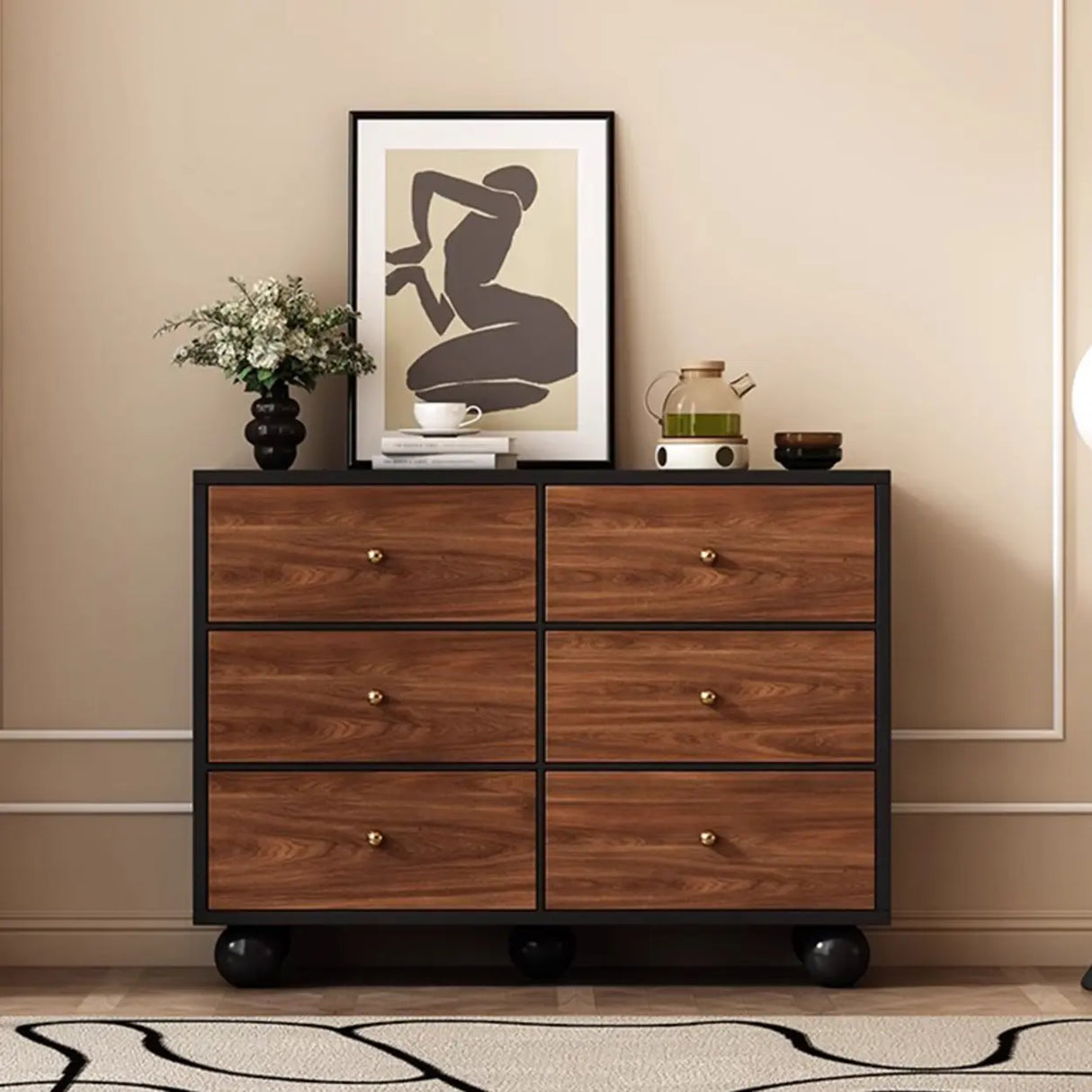 Brown Wood Metal Handle Dresser with Six Drawers Image - 1
