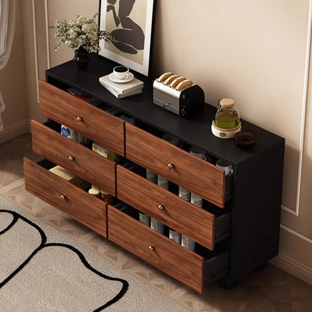 Brown Wood Metal Handle Dresser with Six Drawers Image - 8