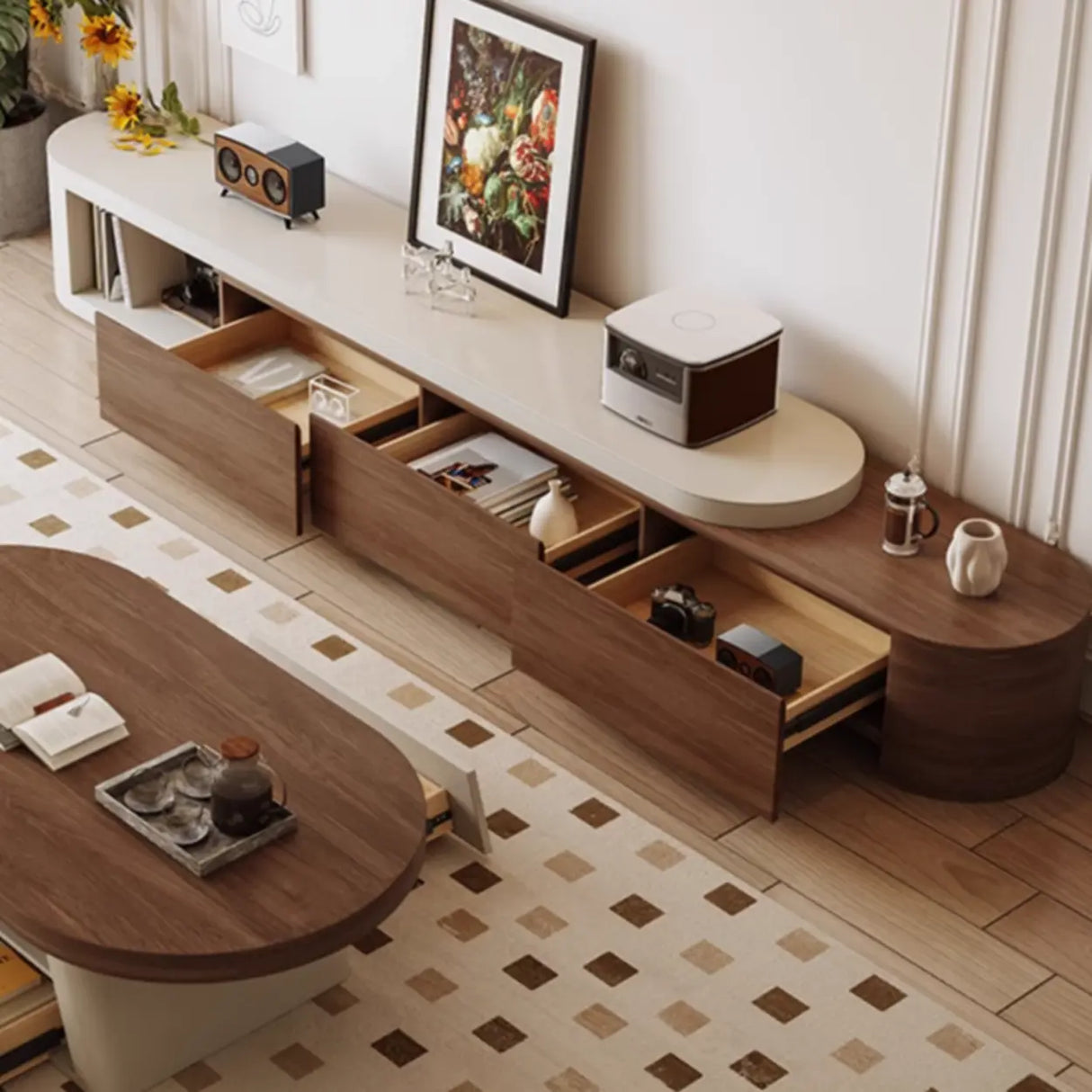 Brown Wood Open Storage Long TV Stand with Drawers Image - 1