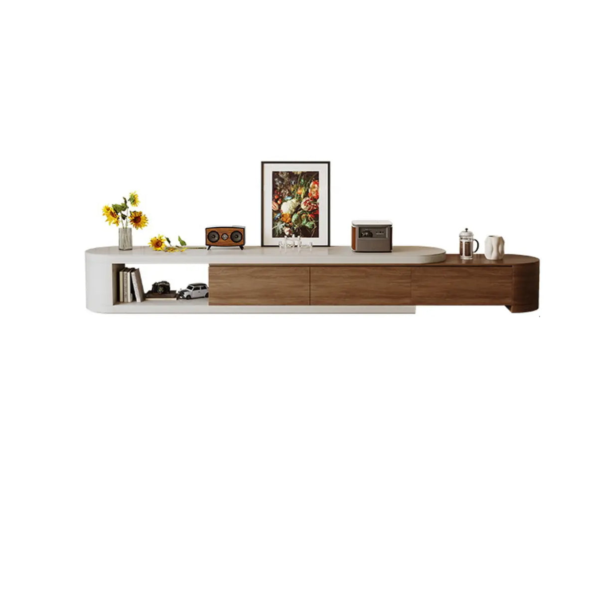 Brown Wood Open Storage Long TV Stand with Drawers Image - 2