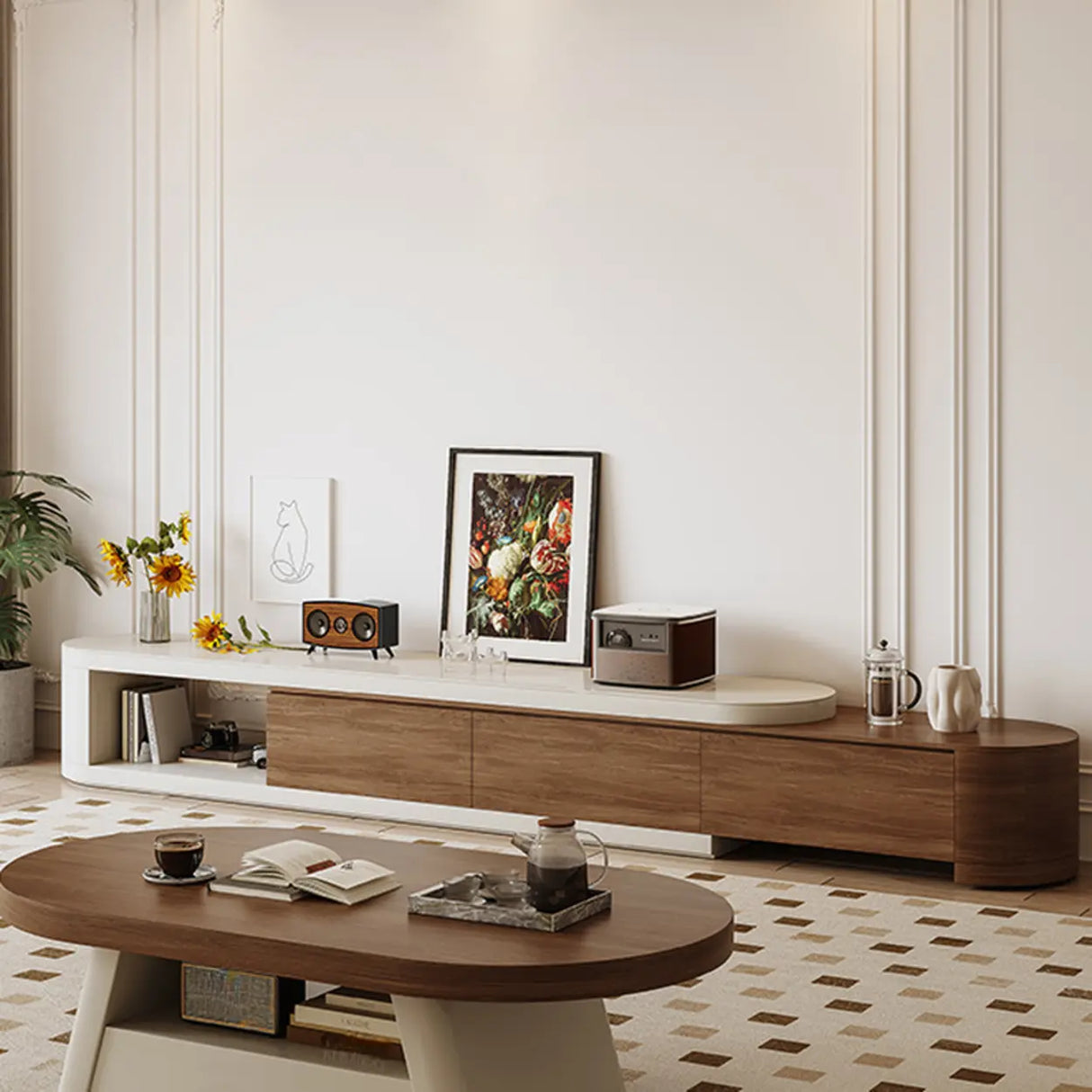 Brown Wood Open Storage Long TV Stand with Drawers Image - 3