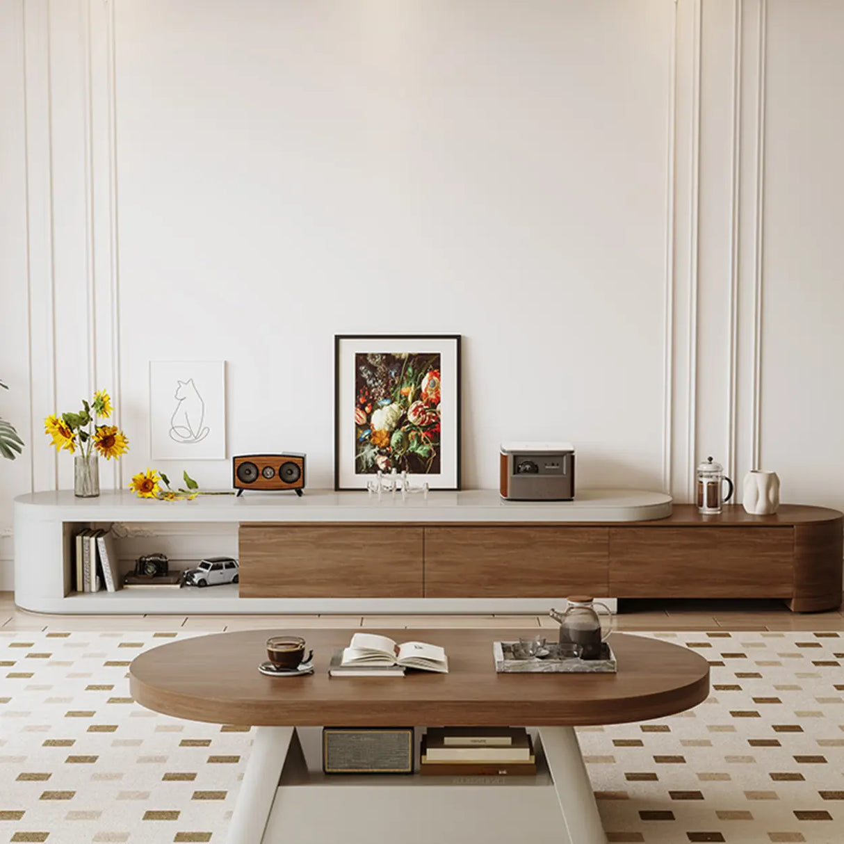 Brown Wood Open Storage Long TV Stand with Drawers Image - 4