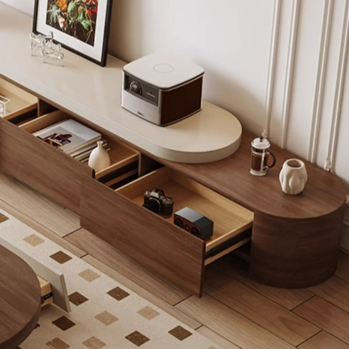 Brown Wood Open Storage Long TV Stand with Drawers Image - 5