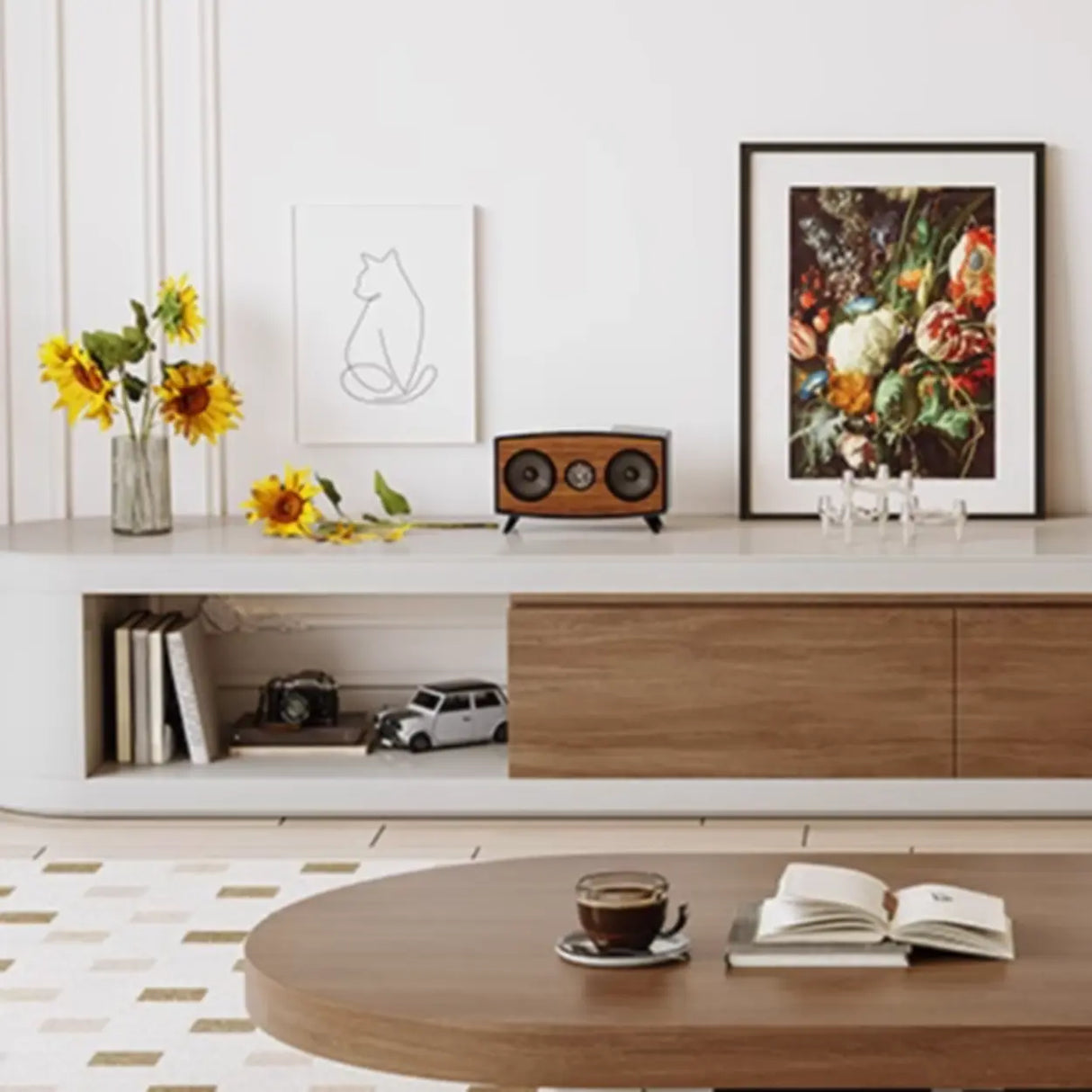 Brown Wood Open Storage Long TV Stand with Drawers Image - 7