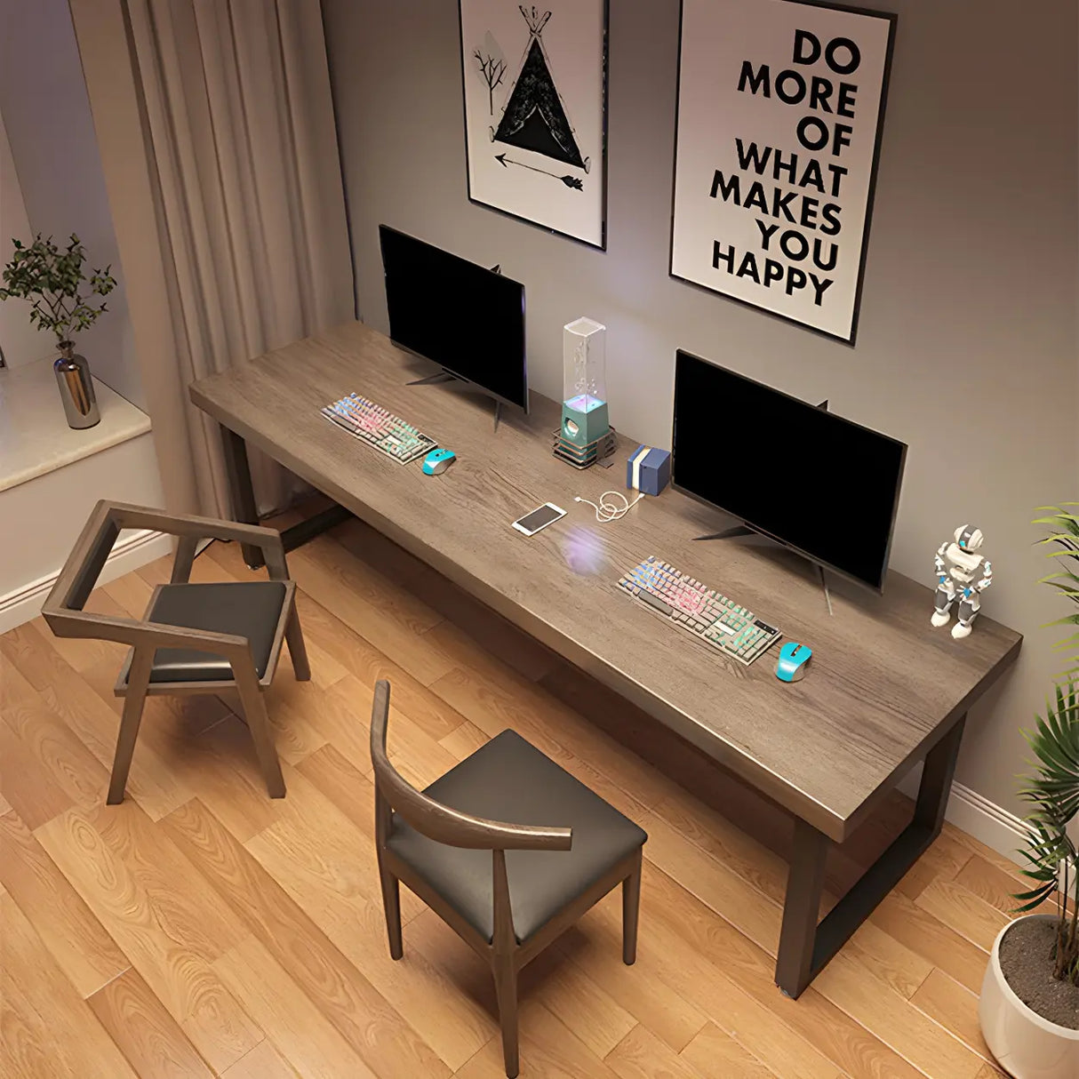 Brown Wood Rectangle Iron Sled Double Gaming Desk Image - 10