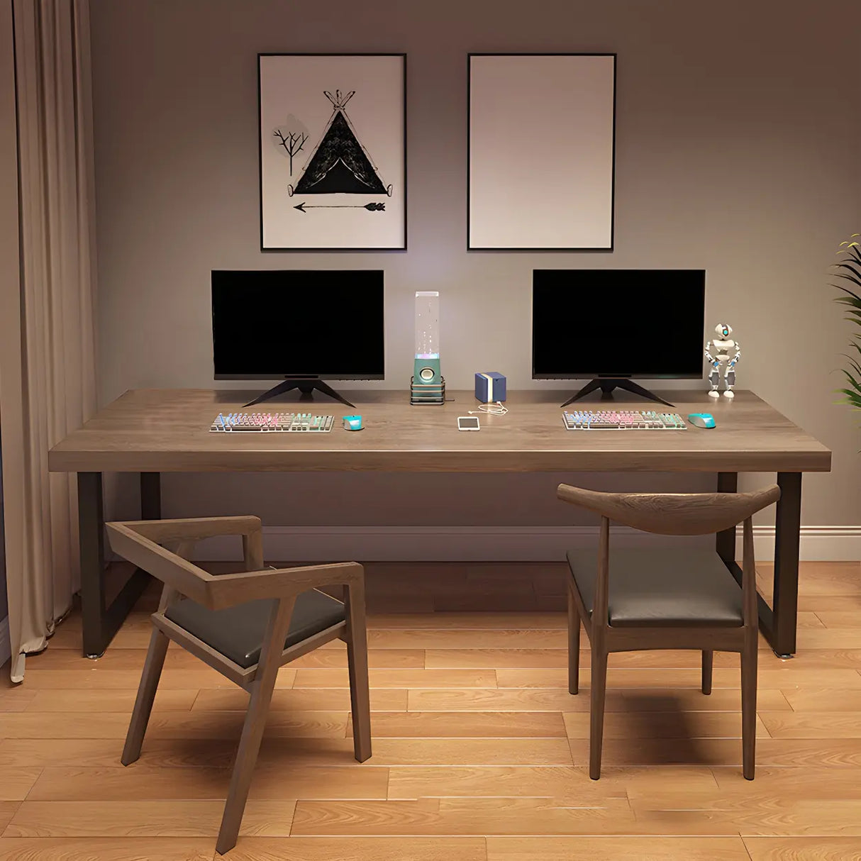 Brown Wood Rectangle Iron Sled Double Gaming Desk Image - 3