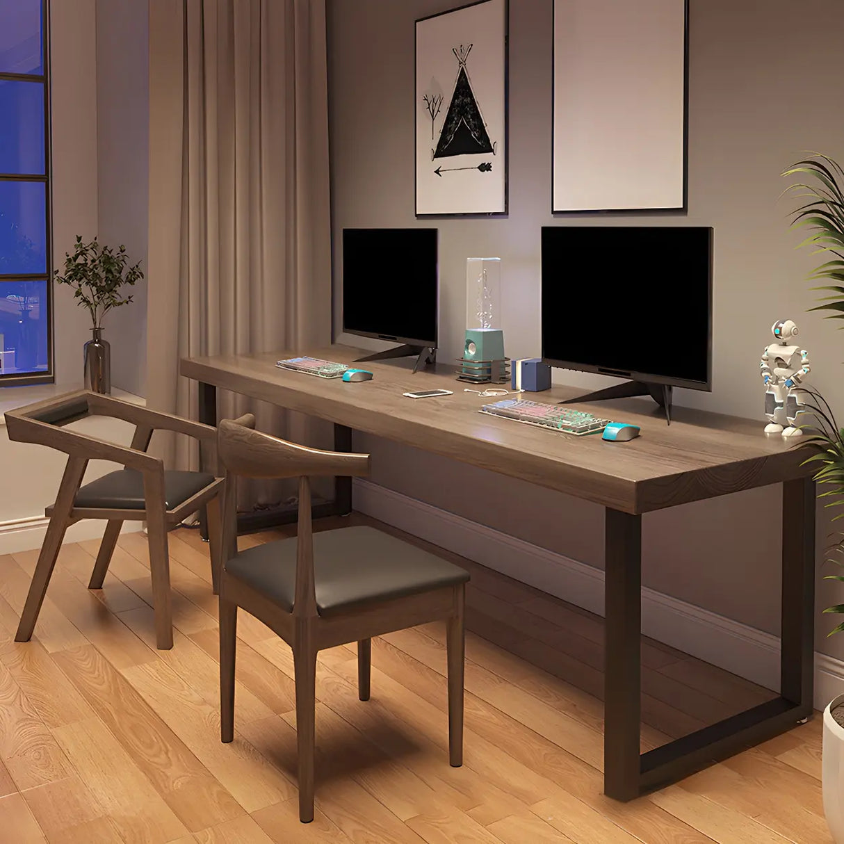 Brown Wood Rectangle Iron Sled Double Gaming Desk Image - 4