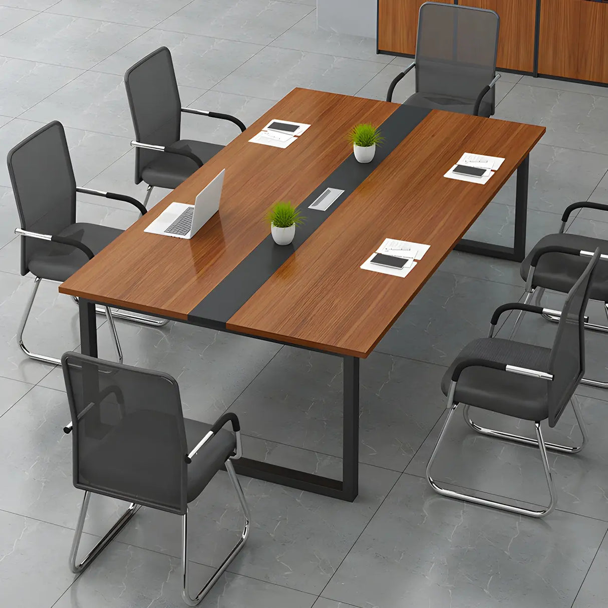 Brown Wood Rectangle Sled Long Meeting Conference Desk Image - 1