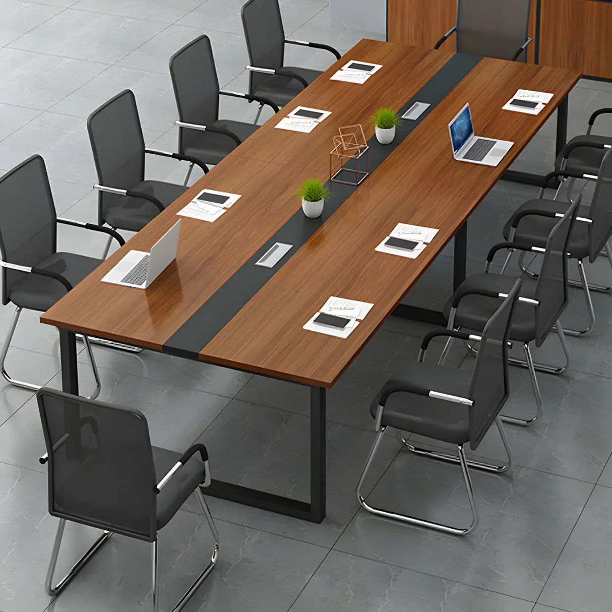 Brown Wood Rectangle Sled Long Meeting Conference Desk Image - 2