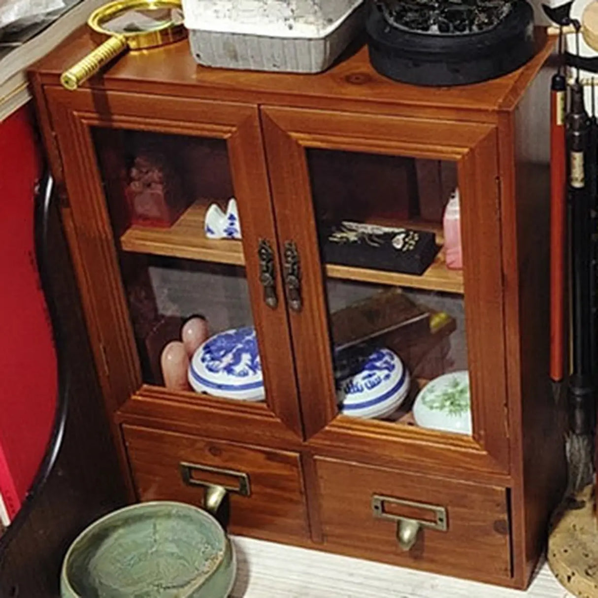 Brown Wood Rectangular Small Display Cabinet Image - 4