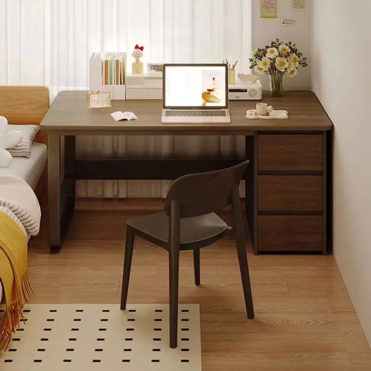 Brown Wood Tableside Storage Drawers Writing Desk Image - 1