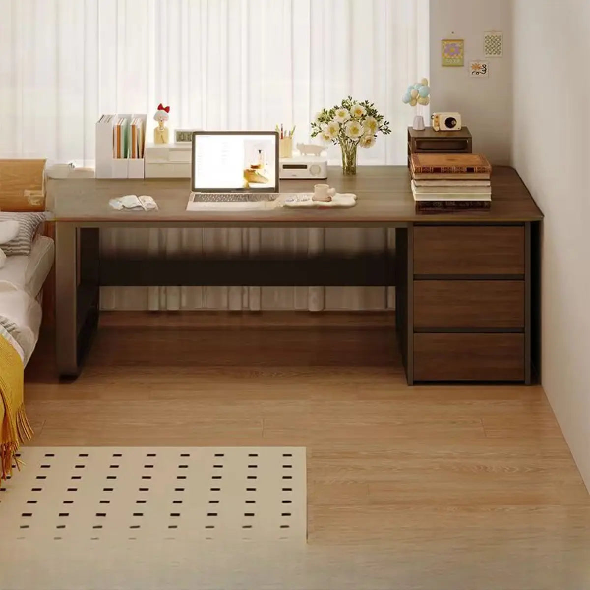 Brown Wood Tableside Storage Drawers Writing Desk Image - 11