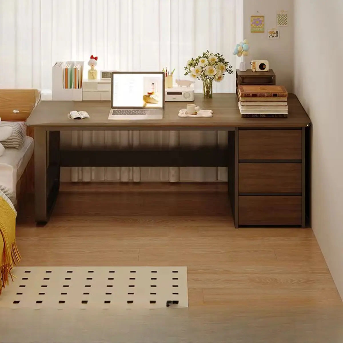 Brown Wood Tableside Storage Drawers Writing Desk Image - 13