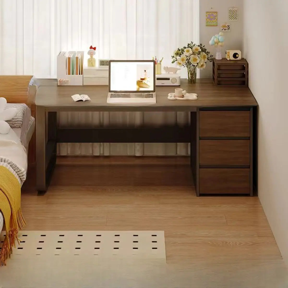 Brown Wood Tableside Storage Drawers Writing Desk Image - 15