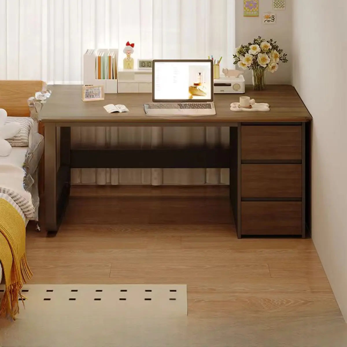 Brown Wood Tableside Storage Drawers Writing Desk Image - 17