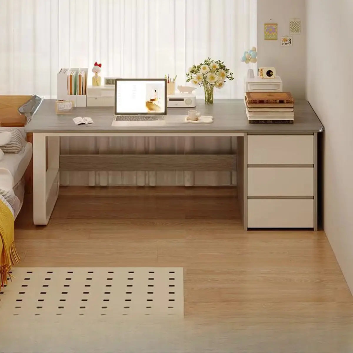 Brown Wood Tableside Storage Drawers Writing Desk Image - 19