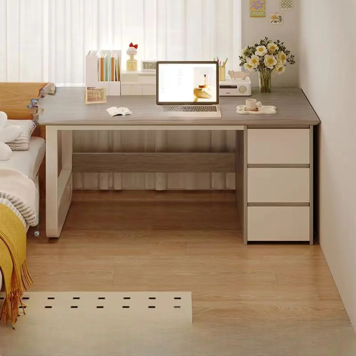 Brown Wood Tableside Storage Drawers Writing Desk Image - 2