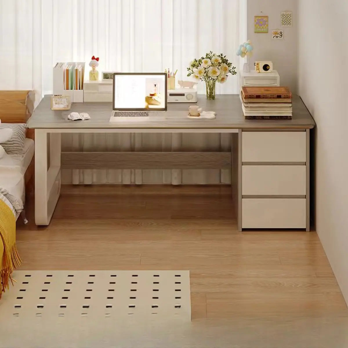 Brown Wood Tableside Storage Drawers Writing Desk Image - 21