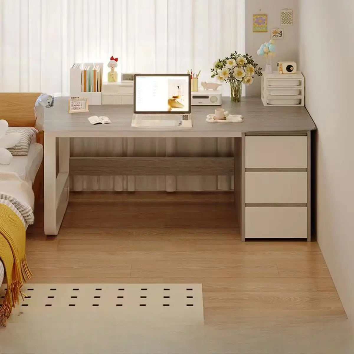 Brown Wood Tableside Storage Drawers Writing Desk Image - 22