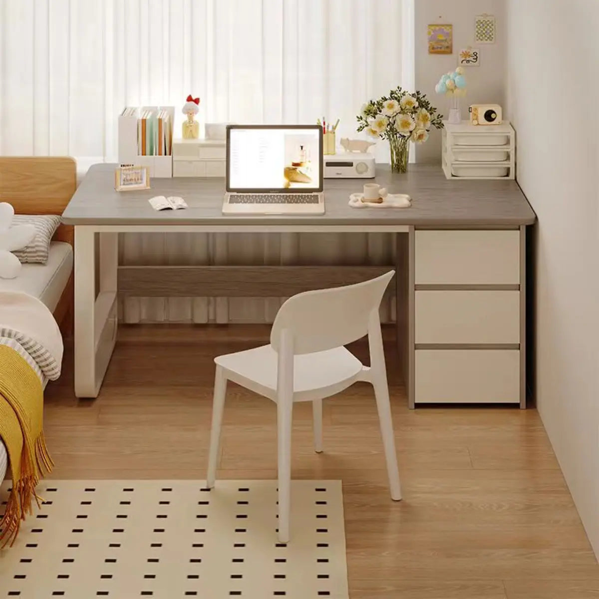 Brown Wood Tableside Storage Drawers Writing Desk Image - 3