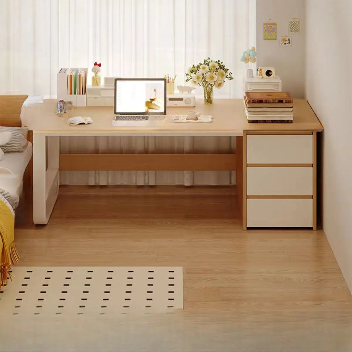 Brown Wood Tableside Storage Drawers Writing Desk Image - 4