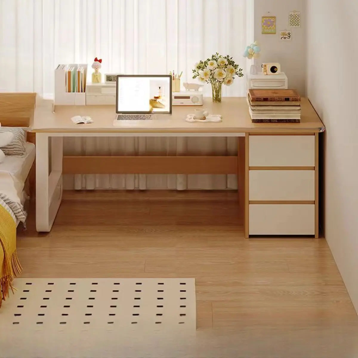 Brown Wood Tableside Storage Drawers Writing Desk Image - 6