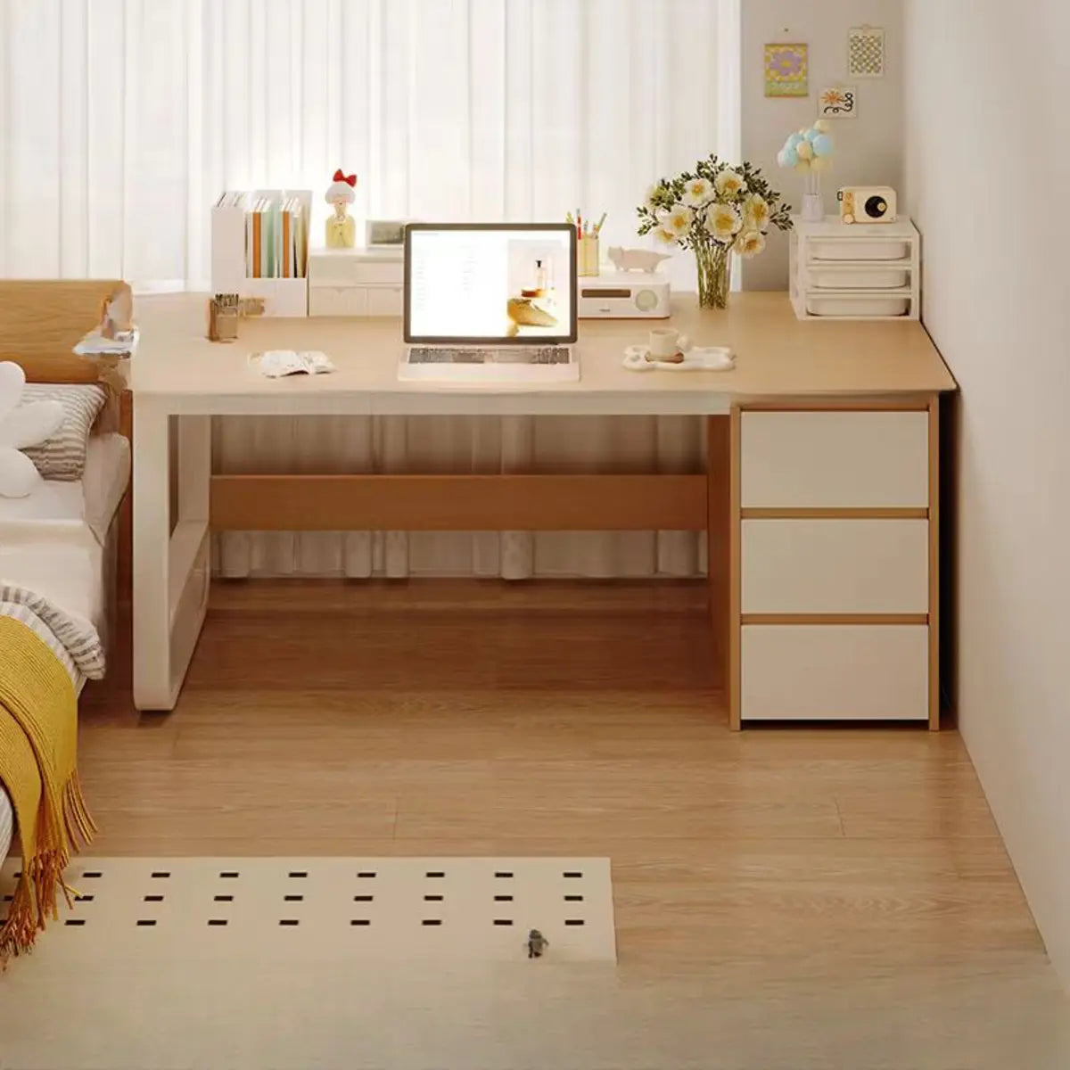 Brown Wood Tableside Storage Drawers Writing Desk Image - 7