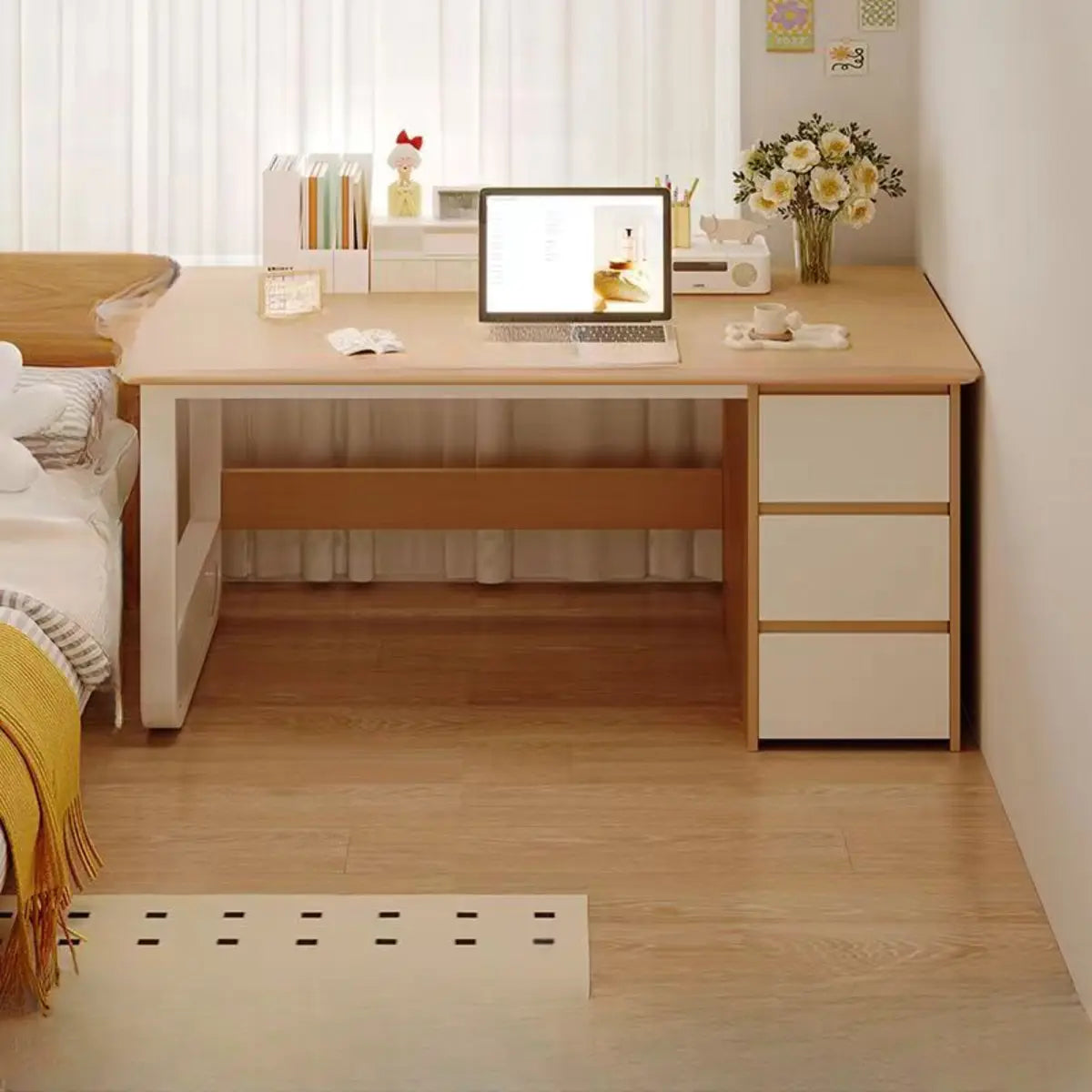 Brown Wood Tableside Storage Drawers Writing Desk Image - 9