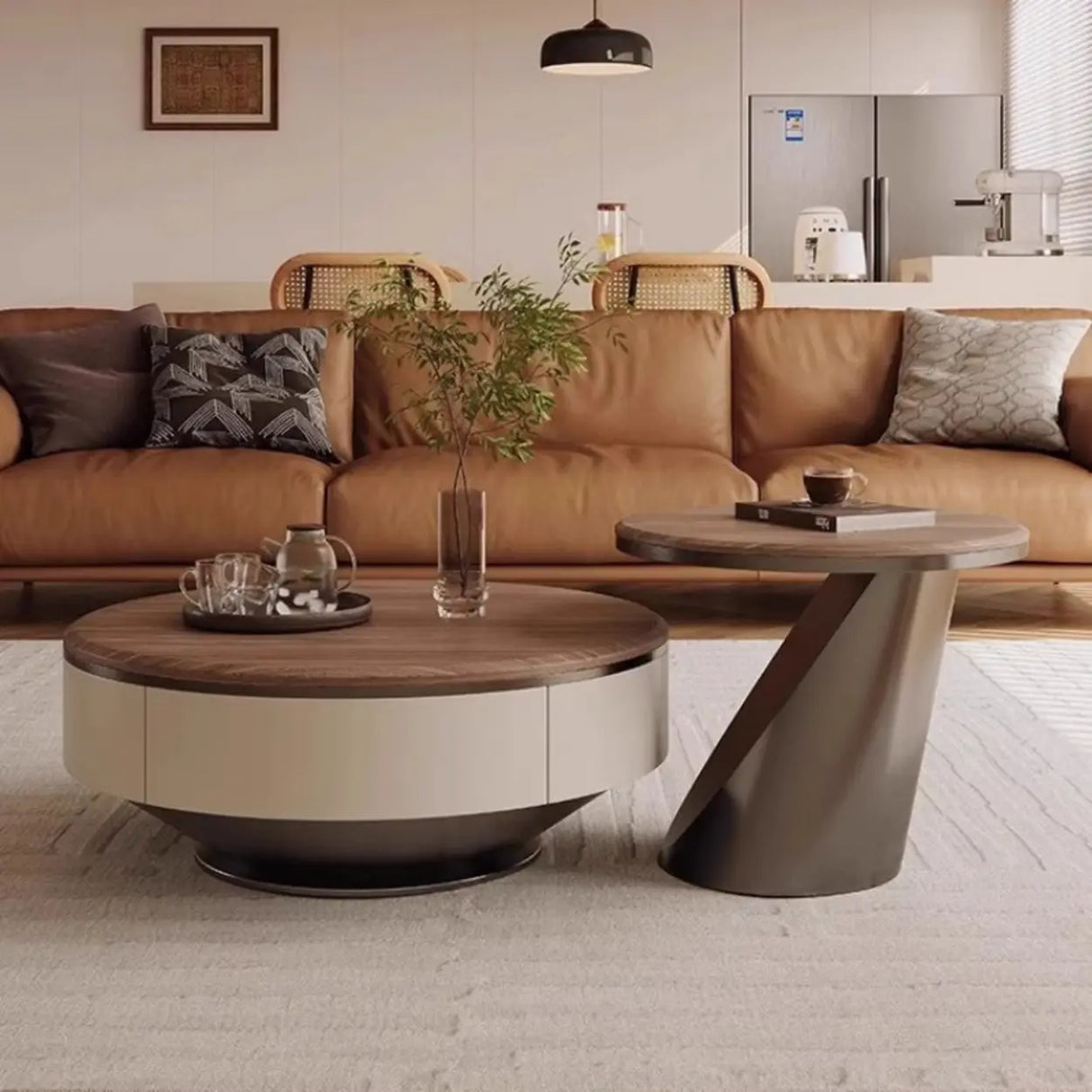 Brown Wood Top Nesting Round Coffee Table with Drawers Image - 1