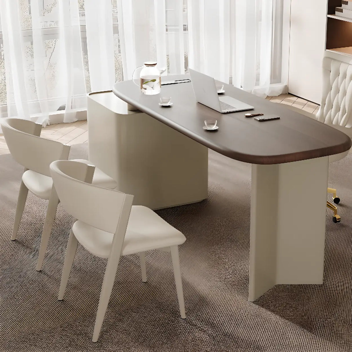 Brown Wood Top White Base L-Shaped Oval Executive Desk Image - 14