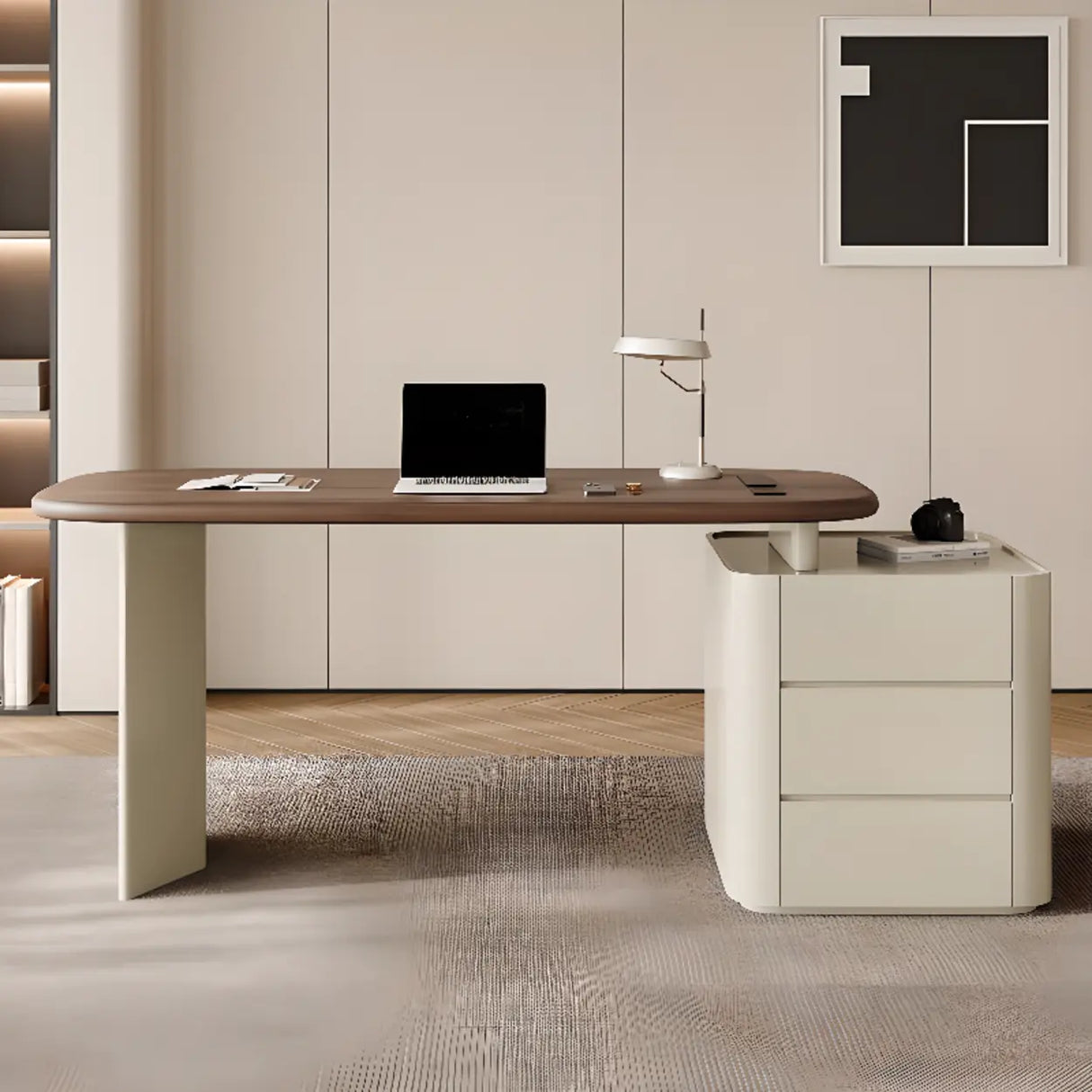 Brown Wood Top White Base L-Shaped Oval Executive Desk Image - 16