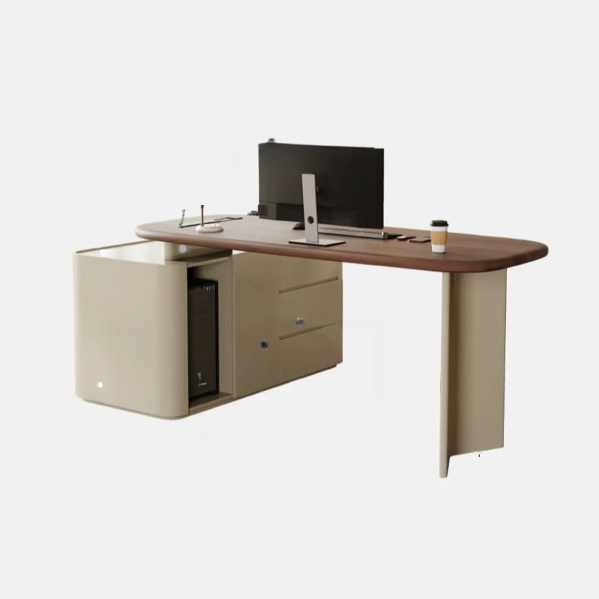 Brown Wood Top White Base L-Shaped Oval Executive Desk Image - 18