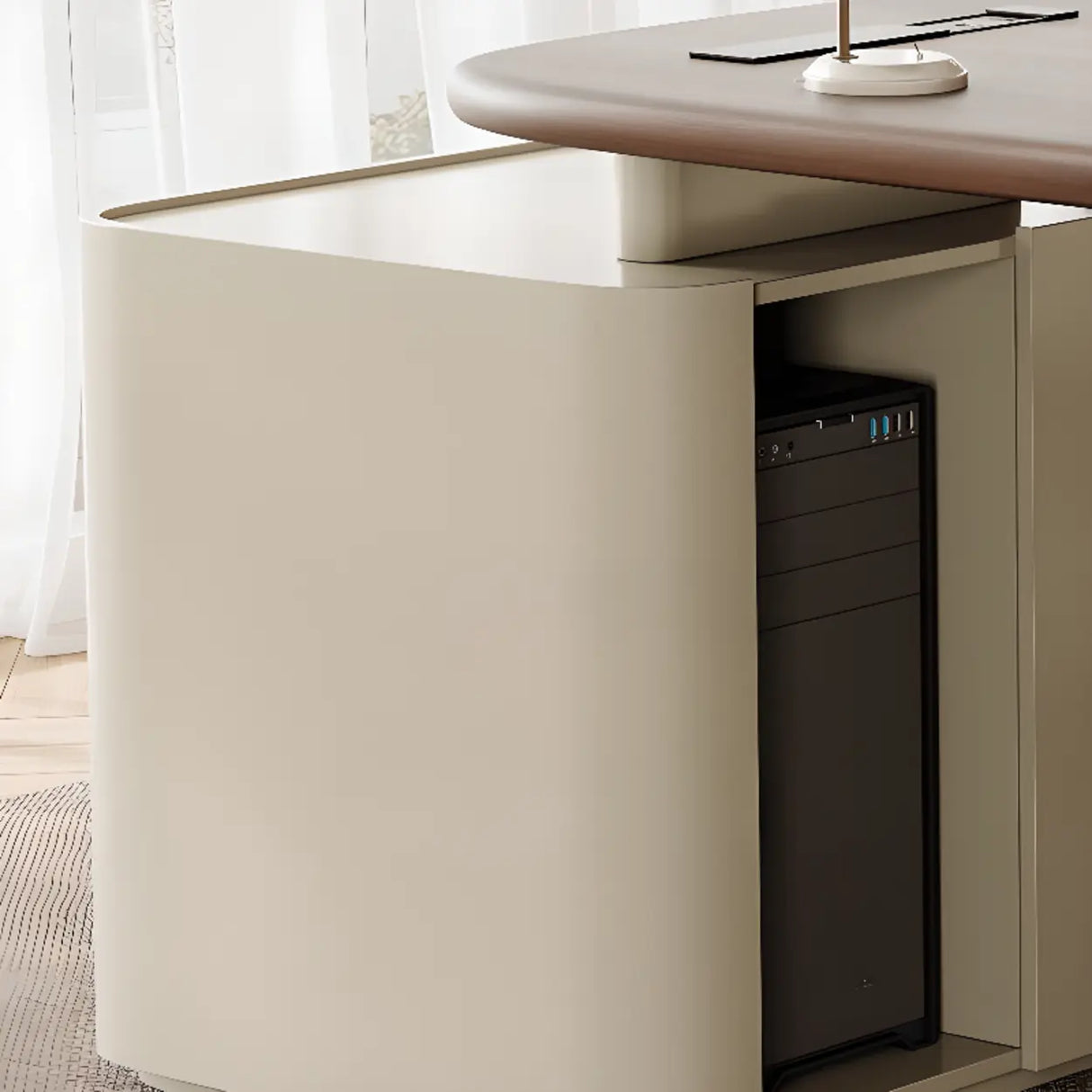 Brown Wood Top White Base L-Shaped Oval Executive Desk Image - 7