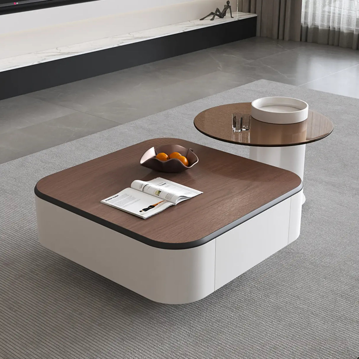 Brown Wood Top White Iron Base Square Nesting Tables Image - 1